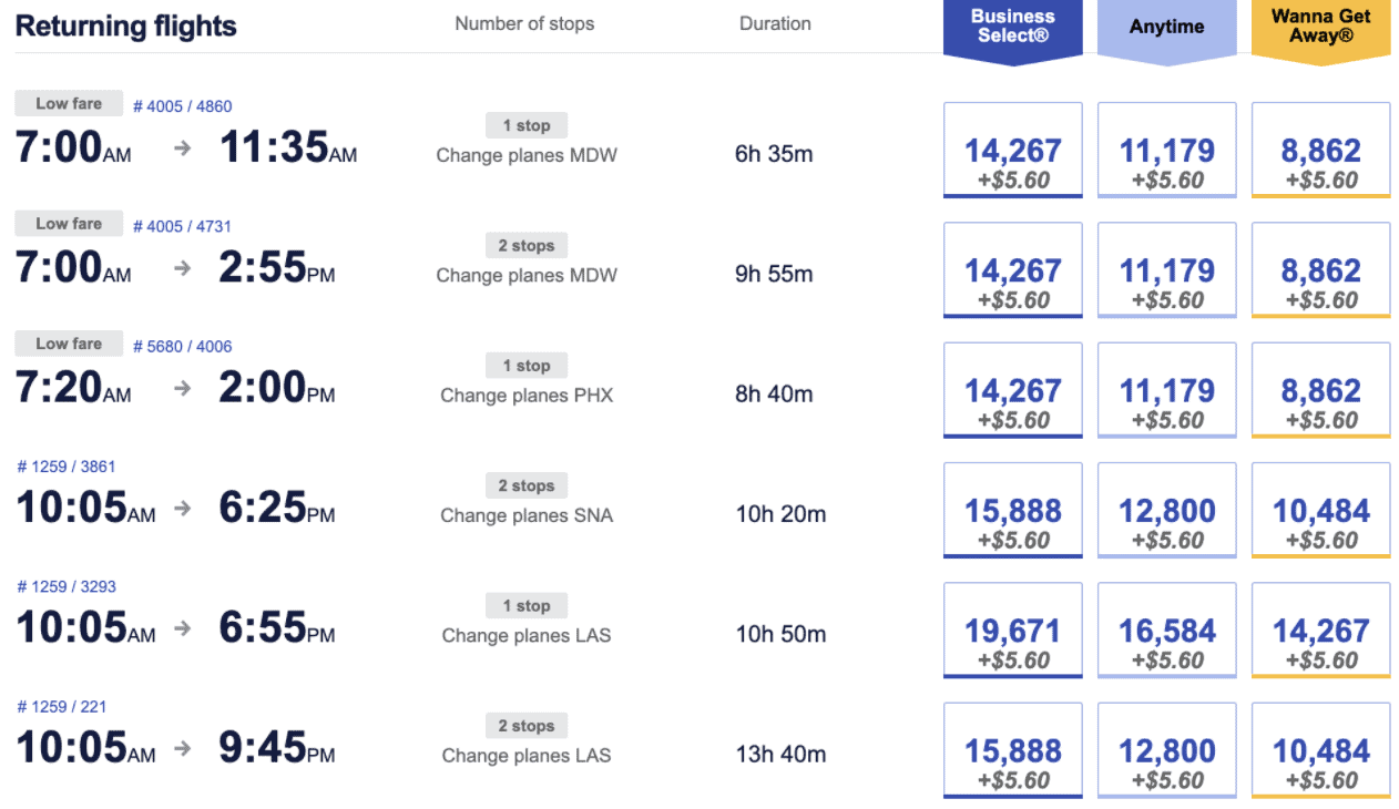Graphic showing flights with prices in Rapid Reward Points